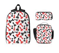 Yyoretp Sac à dos 3 pièces, réglable, polyvalent, grande capacité, motif d'échecs, sac à dos, boîte à déjeuner et trousse à crayons