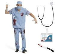 YYSWSAKY Costume de médecin de zombie pour homme - Costume d'Halloween pour adulte - Costume d'horreur - Avec chapeau de docteur, masque de médecin, haut, pantalon, stéthoscope (bleu, L)