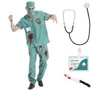 YYSWSAKY Costume d'Halloween de médecin de zombie pour homme - Costume d'horreur pour adulte - Avec chapeau de docteur, masque de médecin, haut, pantalon, stéthoscope (vert, L)