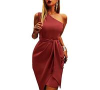 Yytcsjz Robes moulantes froncées à une épaule pour femmes, sans manches asymétriques, été décontracté, robe mi-longue de cocktail à ceinture en satin à une épaule (Color : Red wine, Size : XL)