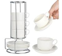 YYTECH 4 x 3OZ Ensemble Tasse à Café Et Soucoupe, Services à Thé Avec Soucoupe, GrèS Tasse Expresso, Tasse A Cafe Avec Support, Lavables au Lave-vaisselle pour latte, café, moka, thé