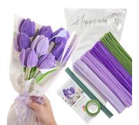YYUENGTAK Cure-pipe artisanal pour bouquet de tulipes violettes, ensemble de fleurs pour cure-pipe, 200 pièces de fil chenille artisanal (4 couleurs) violet et vert, avec instructions