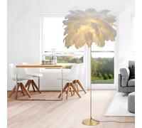 YYUTLUO Lampe À Plumes Moderne, Lampadaire En Plumes D'Autruche Naturelles, Hauteur 160cm, Poteau Et Base Dorés, 3 Températures De Couleur, Ampoules LED G4, Salon, Chambre D'Enfant, Bureau (Blanc)