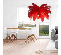 YYUTLUO Lampe À Plumes Moderne, Lampadaire En Plumes D'Autruche Naturelles, Hauteur 160cm, Poteau Et Base Dorés, 3 Températures De Couleur, Ampoules LED G4, Salon, Chambre D'Enfant, Bureau (Rouge)