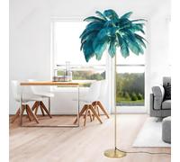 YYUTLUO Lampe À Plumes Moderne, Lampadaire En Plumes D'Autruche Naturelles, Hauteur 160cm, Poteau Et Base Dorés, 3 Températures De Couleur, Ampoules LED G4, Salon, Chambre D'Enfant, Bureau (Bleu)
