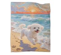 YYVKPMLXC Chien Bichon Frise Couverture en Flanelle 3D Motif Plage Coucher de Soleil Couverture De Canapé Duveteux pour Filles, Garçons, Voyage 50x60inch(127x152cm)