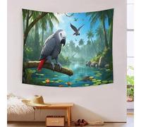 YYVKPMLXC Effet 3D Perroquet gris du Gabon Tenture Murale|Forêt tropicale humide Tapisserie Murale Aesthetic Pour Maison Salon Chambre Dortoir Décorations Murales Wall Tapestry 100cmx150cm