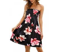 YYW Robe d'été ample sans bretelles sans manches à épaules dénudées pour femme - Robe de plage ample avec fente - Haut floral - Bandeau fluide, Une extrémité de fleurs noires et roses, M