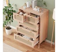 YYXLDYNB Commode à 5 tiroirs - en rotin,Meuble de Rangement cannage en rotin,Buffet rotin pour Chambre, Salon,Meuble tiroir Rangement 60 x 34 x 91 cm,Aspect Bois,Couleur du Bois Brut