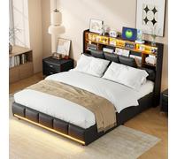 YYXLDYNB Lit Coffre 160x200cm avec LED et Fonction de Chargement USB,Tête de ;it avec Rangement,Lit Double avec Sommier à Lattes,Facile à Assembler,PU, Noir(sans Matelas)