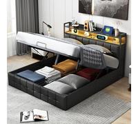 YYXLDYNB Lit Double 140x200cm,Cadre de LIt avec Éclairage LED et Charge USB,LiT Adulte avec Rangement,Lit Coffre avec 4 Tiroirs,lit Adolescent avec Sommier à Lattes,sans Matelas,PU, Noir