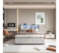 YYXLDYNB Lit Double Capitonné 140x200cm,Velours lit avec 2 USB Intégrées,lit LED avec 4 Tiroirs de Rangement,Table de Chevet avec Bande Lumineuse RGB,Facile à Assembler,sans Matelas, Beige