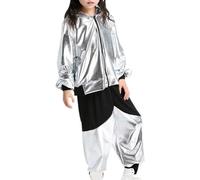 Yyyuluo Filles 2Pcs Vêtements Hip Hop Costume Enfants Street Dance Tenue Garçons Paillettes Moderne Vêtements de Jazz Haut Pantalon Danse Ensembles de Costumes, Argent 140cm (Tailles plus Petites)