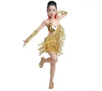 Yyyuluo Filles Vêtements de Danse étincelants Enfants Paillettes Robe de Danse à Franges Performance Costume de Bal Enfants Salsa Tango Latin Vêtements de Danse, Gold 160cm (Tailles Plus Petites)