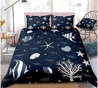 YYZBS Housse De Couette 200x200 Poisson de mer Bleu Encre Parure De Lit Universelle Quatre Saisons，Confortable Microfibre Parure De Lit 200x200 avec 2 Taie d'oreiller 65x65cm
