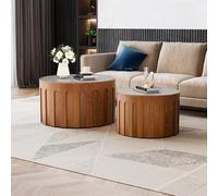 YYZIWYUN Ensemble De 2 Tables Basses Gigognes Rondes, Table Basse Gigogne Moderne Cannelée avec Rangement, Table D'appoint Ronde Plateau en Pierre Idéal pour Salon Ou Bureau,Brown b