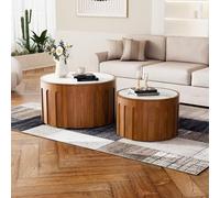 YYZIWYUN Ensemble De 2 Tables Basses Gigognes Rondes, Table Basse Gigogne Moderne Cannelée avec Rangement, Table D'appoint Ronde Plateau en Pierre Idéal pour Salon Ou Bureau,Brown a