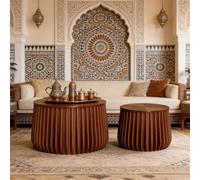 YYZIWYUN Tables Gigognes Rondes en Forme De Tambour pour Le Salon, Ensemble De 2 Tables Basses Cannelées en Bois, Ensemble De Tables Basses Rondes Modernes pour Appartement Ou Bureau,Brown d