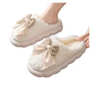 YZDKR Pantoufles chaudes d'hiver for femmes mignonnes maison de nœud chaussures souples antidérapantes confort talon plat intérieure chambre pantoufles en peluche pour les femmes(White,40-41)