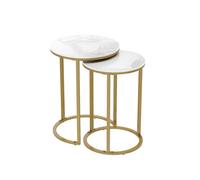 YZDKR Table d'appoint Ronde 2 pièces Basse gigogne Cadre en métal marbre véritable Empilable Blanc et Or pour Le Salon et Le Bureau
