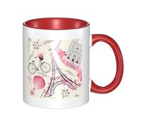 YzgWjBhd Romantique Paris Tour Eiffel Bycicle Imprimer Tasse à café en céramique avec poignée, tasse à café cylindrique amusante pour café, thé, cappuccino, cacao (rouge)