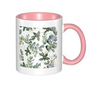 YzgWjBhd Tasse à café en céramique avec poignée - Motif feuilles d'eucalyptus vertes - Tasse à café cylindrique amusante pour café, thé, cappuccino, cacao (rose)
