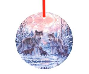 YZHYWJFF Pendentif rond en verre avec motif de famille de loups - Décoration d'arbre de Noël