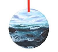 YZHYWJFF Pendentif rond en verre imprimé paysage de mer bleue, décoration d'arbre de Noël