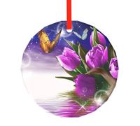 YZHYWJFF Pendentif rond en verre imprimé tulipe violette, décoration d'arbre de Noël