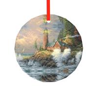 YZHYWJFF Pendentif rond en verre imprimé vague de côte et phare décoration de sapin de Noël