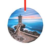 YZHYWJFF Phare de plage imprimé circulaire en verre, décoration d'arbre de Noël
