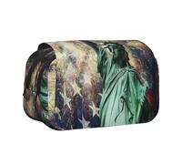 YZHYWJFF Statue Liberty Flag Fireworks Print Trousse à double clapet avec 2 poches zippées, parfaite pour l'école, les croquis et les voyages, Noir , Taille unique, Trousse de maquillage