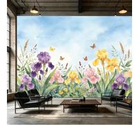 Yzpallescene Papier peint aquarelle violet jaune iris fleurs papillons volants ciel bleu tissu mural autocollant amovible pour salon chambre à coucher