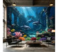Yzpallescene Papier peint mural de taille personnalisée avec dauphins sous-marins, ancienne ville engloutie, récif corallien, vie océanique, tissu mural auto-adhésif amovible à décoller et à coller