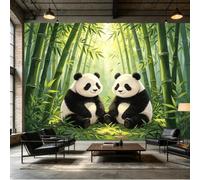 Yzpallescene Papier peint mural de taille personnalisée, deux pandas assis dans un bambou luxuriant, vert forêt, lumière du soleil, tissu mural auto-adhésif amovible à décoller et à coller, décoration