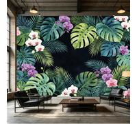 Yzpallescene Papier peint mural de taille personnalisée, feuilles tropicales de monstera exotiques, orchidées violettes blanches, aquarelle, tissu mural auto-adhésif, amovible, décoration murale pour