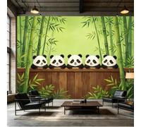 Yzpallescene Papier peint mural de taille personnalisée, pandas mignons assis derrière une clôture en bois, peinture de forêt de bambou vert, tissu mural auto-adhésif, papier peint amovible à décoller