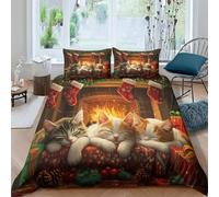 YZQGLHP 3D Housse de Couette 220 x 240 Chat de NoëL Parure de Lit Adulte 2 Personnes avec Fermeture Éclair avec 2 Taies d'oreiller 65x65 cm Literie Douce en Microfibre