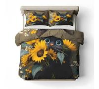 YZQGLHP Housse de Couette 140x200 Chat Noir Parure de lit Fleurs Jaunes Sets de Housse Couette 110g Microfibre avec Fermeture Éclair et 2 Taies d'oreiller 65 x 65 cm