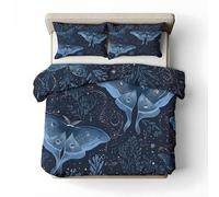 YZQGLHP Housse de Couette 140x200 Papillons de Nuit Bleu Clair Parure de lit Plantes Bleu Foncé Sets de Housse Couette 110g Microfibre avec Fermeture Éclair et 2 Taies d'oreiller 65 x 65 cm