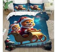 YZQGLHP Housse de Couette 180x200 Chat, Parure de Lit Traîneau, Microfibre 3 Pièces, 3D Imprimée Parures de Lit, Housses de Couettes et 2 Taies d'oreiller 65x65 cm Noël
