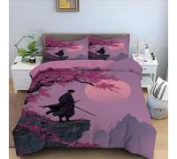 YZQGLHP Housse de Couette 180x200 Samouraï Housse de Couette Fleurs De Cerisier Microfibre 3 Pièces 3D Imprimée Parures de Lit avec Fermeture éclair Housses de Couettes et 2 Taies d'oreiller 65x65 cm