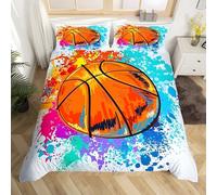 YZQGLHP Housse de Couette 200x200 Ballon De Basket Multicolore Parure de Lit Double Douce Style Aquarelle Housse Couette et 2 Taies d'oreiller 65 x 65 cm, AdaptéE aux Enfants, Adolescents et Adultes