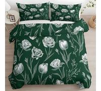 YZQGLHP Housse de Couette 200x200 Tulipes Blanches Parure de Lit 2 Personnes avec Fermeture Éclair Vert Foncé Housse Couette 200x200 avec 2 Taie d'oreiller 65x65 cm, avec Fermeture Éclair