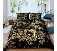 YZQGLHP Housse de Couette 90x190 Bambou Noir et Doré Microfibre Housse Couette Végétation Orientale Parure de Lit 90x190 avec Fermeture Éclair et 2 Taies d'oreiller 65x65
