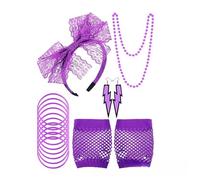YZZT Lot de 7 accessoires de déguisement des années 80 avec bandeau, boucles d'oreilles, collier, gants en résille, fête rétro
