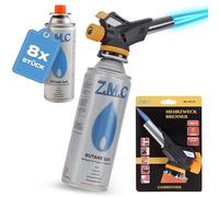 Z.M.C Brûleur à gaz 1,3 kW + 8 cartouches de gaz de 227 g - Brûleur à flamme jusqu'à 1300 °C - Chalumeau Bunsen avec allumage piézoélectrique - Chalumeau de cuisine avec flamme réglable - Température