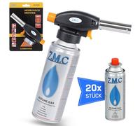 Z.M.C Brûleur à gaz + 20 cartouches de gaz de 227 g, température jusqu'à 1300 °C, chalumeau de soudage avec allumage piézoélectrique, chalumeau Bunsen 1,3 KW, embout de brûleur avec flamme réglable