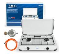 Z.M.C cuisinière à gaz double flamme, cuisine de camping, plaque de cuisson à gaz avec tuyau + régulateur, propane gaz liquéfié (GPL) optimisé, 2,2 kW par brûleur pour cuire deux plats en même temps,