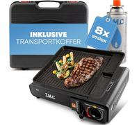 Z.M.C Réchaud à gaz 1 feu avec adaptateur pour GPL + mallette de rangement + plaque de cuisson 33 x 26 x 4 cm + 8 cartouches de gaz 227 g, réchaud de camping avec allumage piézoélectrique